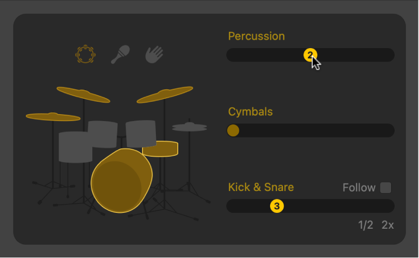 Figure. Éditeur de drummer affichant les commandes de réglage du motif acoustique.