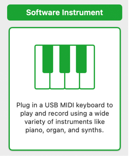 Figure. Sélection du bouton « Instrument logiciel et MIDI » dans la zone de dialogue Nouvelles pistes.