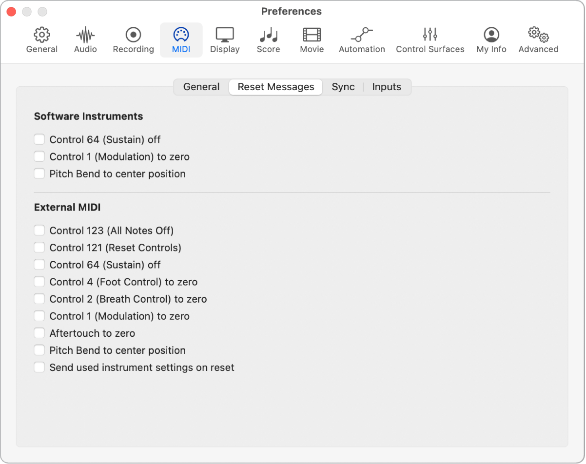 Figure. Préférences des messages de réinitialisation MIDI.