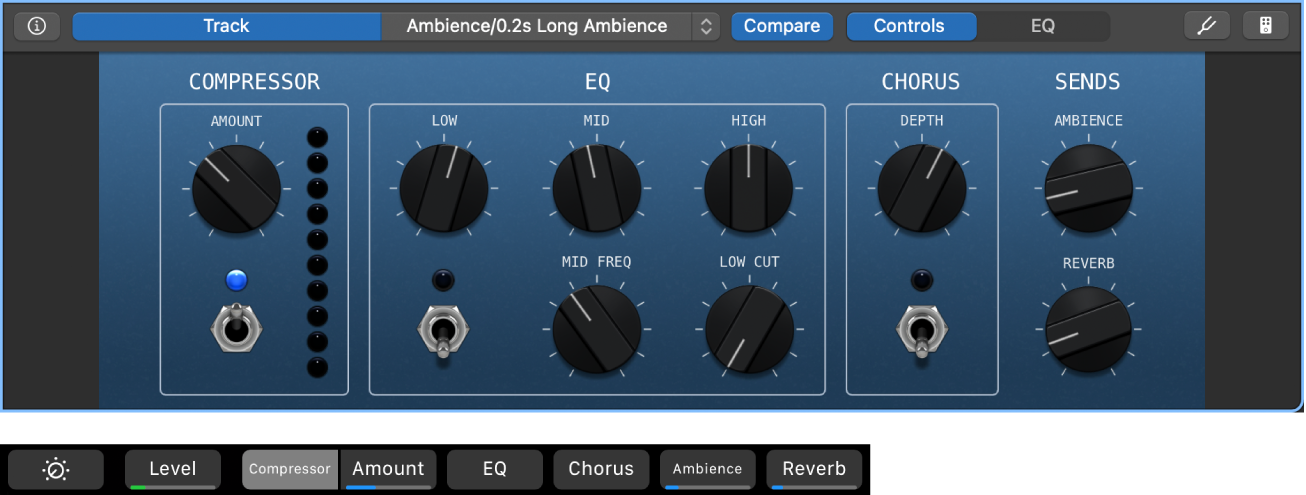 Figure. Raccourcis de l’écran des Smart Controls de piste de guitare acoustique et des Smart Controls dynamiques.