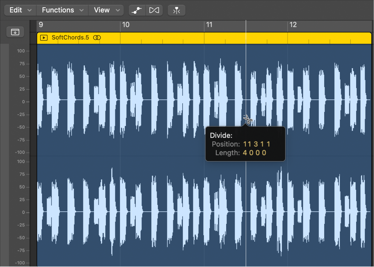 Figure. Modification d’une région audio dans l’éditeur de piste audio.