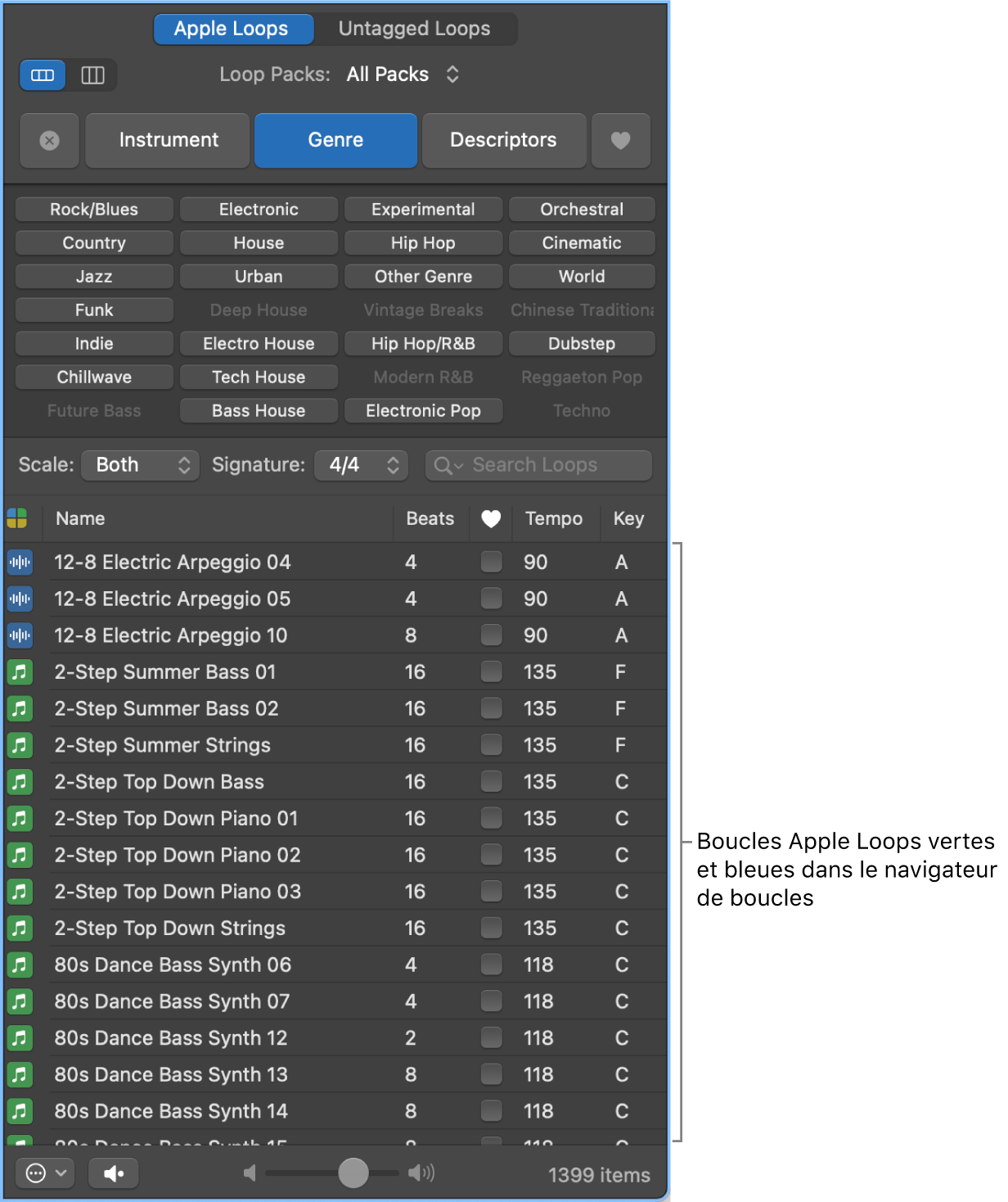 Navigateur de boucles avec boucles Apple Loops d’instruments logiciels (vertes) et audio (bleues).