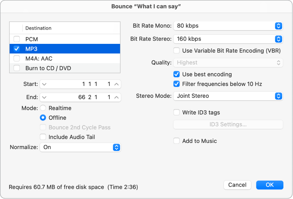 Figure. Options MP3 dans la fenêtre Bounce.