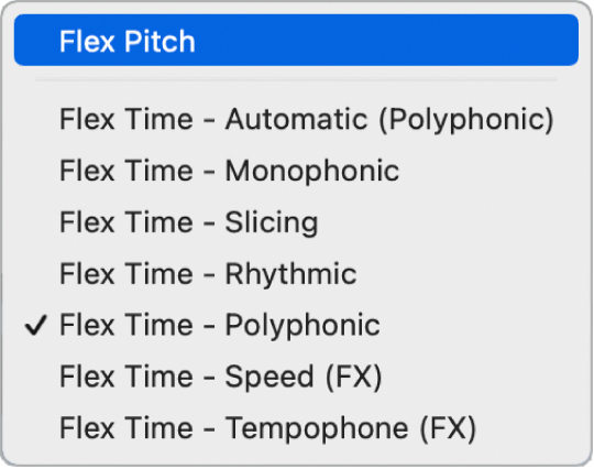 Figure. Menu local Mode Flex avec le mode Flex Pitch sélectionné.