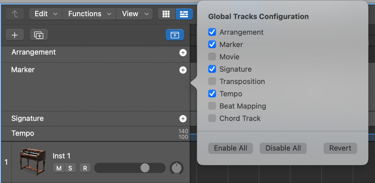 Figure. Zone de dialogue Configuration des pistes globales.