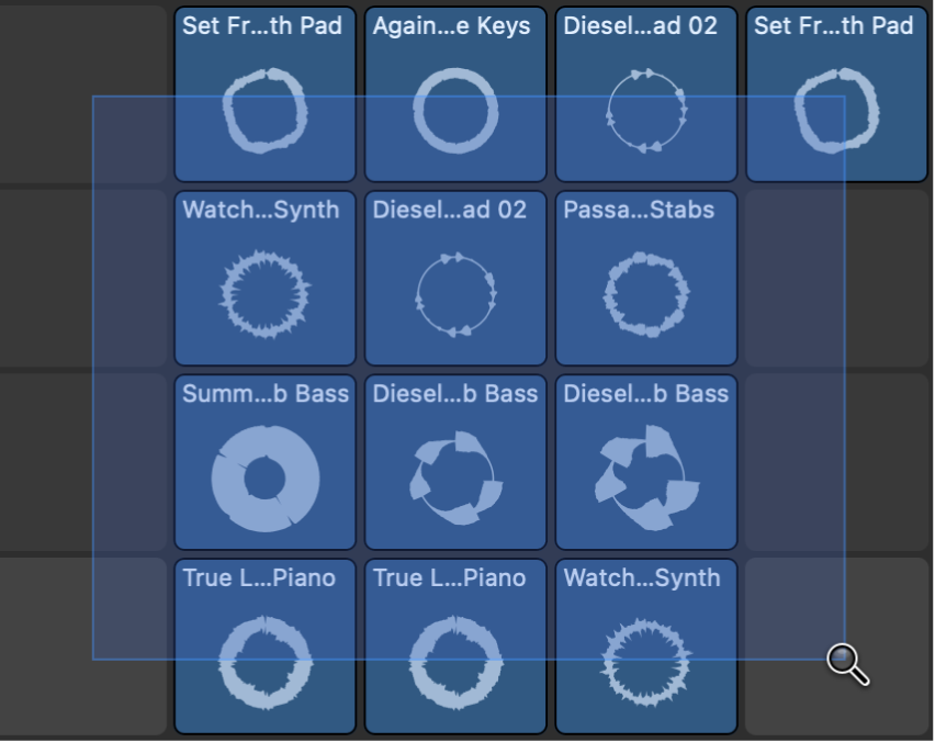 Figure. Grille des Live Loops montrant une sélection de cellule établie à l’aide de l’outil Zoom.