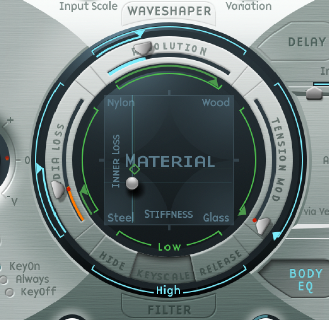 図。スラップベースに適した設定が表示された「Material」パッド。