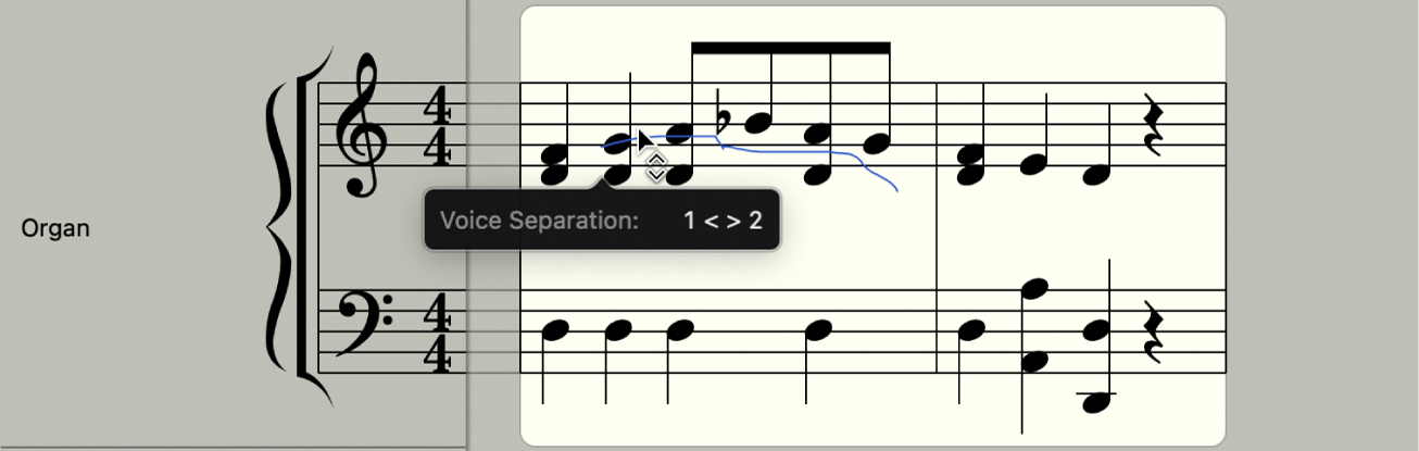 図。スコアエディタの2つの音符の間にあるボイス・セパレーション・ツール