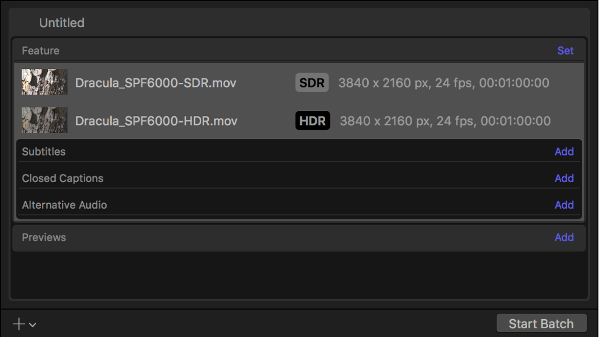 Im Stapelbereich werden die Zeilen „Inhalt“ für SDR- und HDR-Video angezeigt.