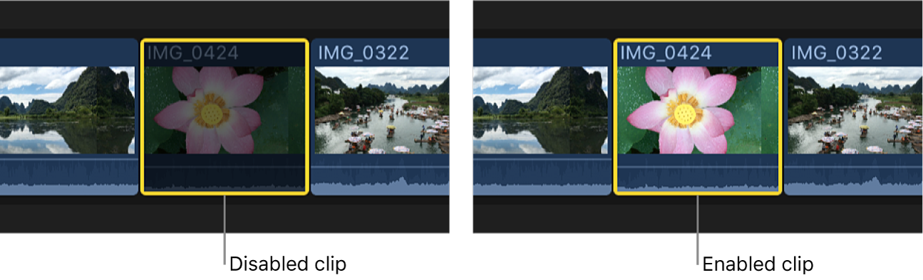 The same clip shown disabled and enabled in the timeline