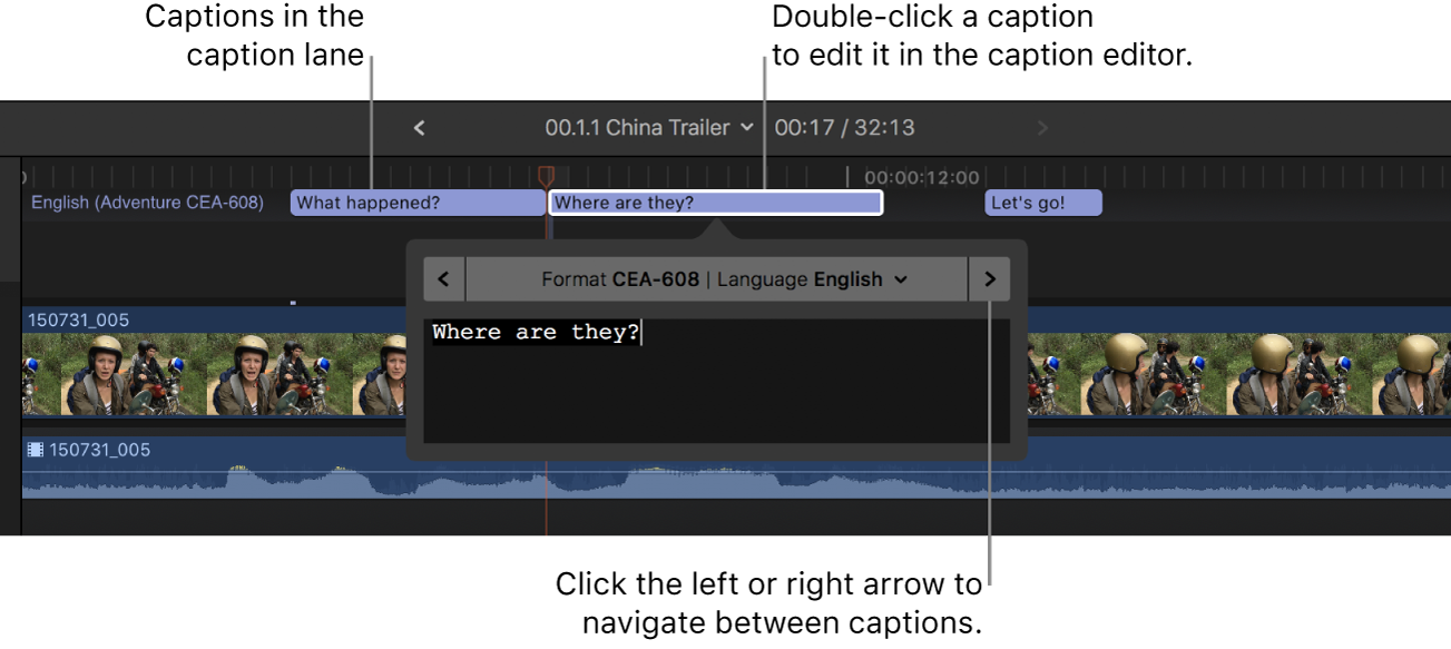 The caption editor and three captions in the timeline