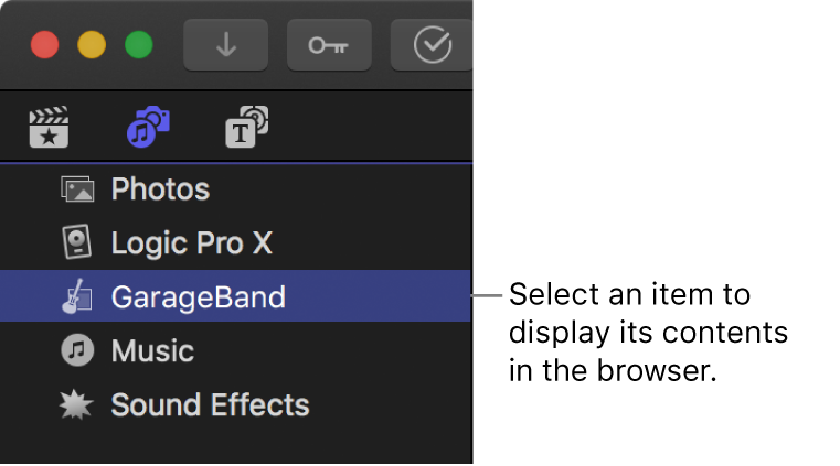 The Photos and Audio sidebar showing GarageBand selected