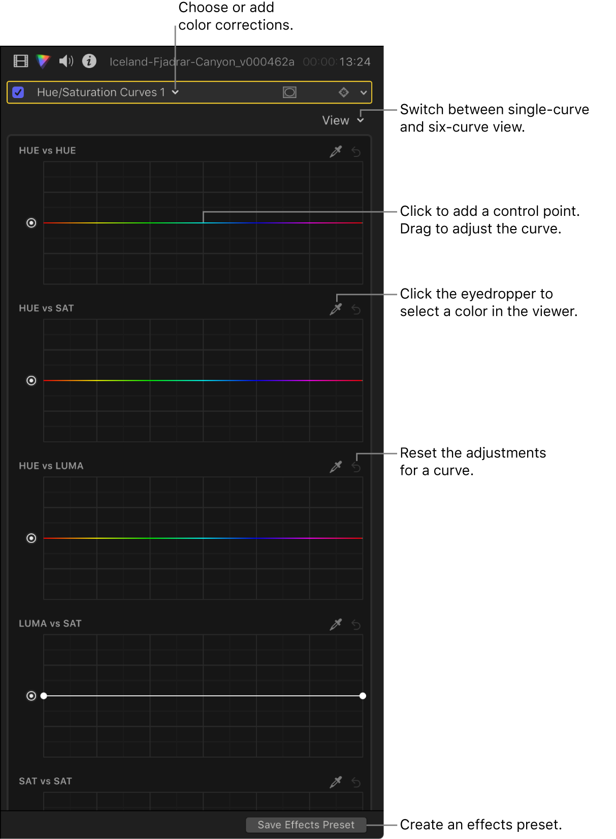 Hue and saturation curves in the Color inspector