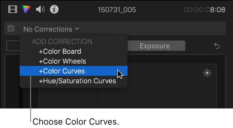 Color Curves being chosen from the Add Correction section of the pop-up menu at the top of the Color inspector