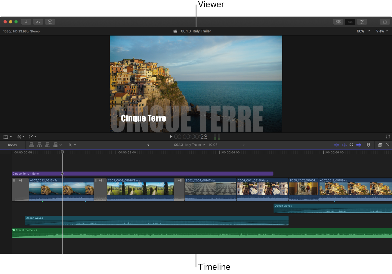 The Final Cut Pro window with just the viewer and the timeline showing