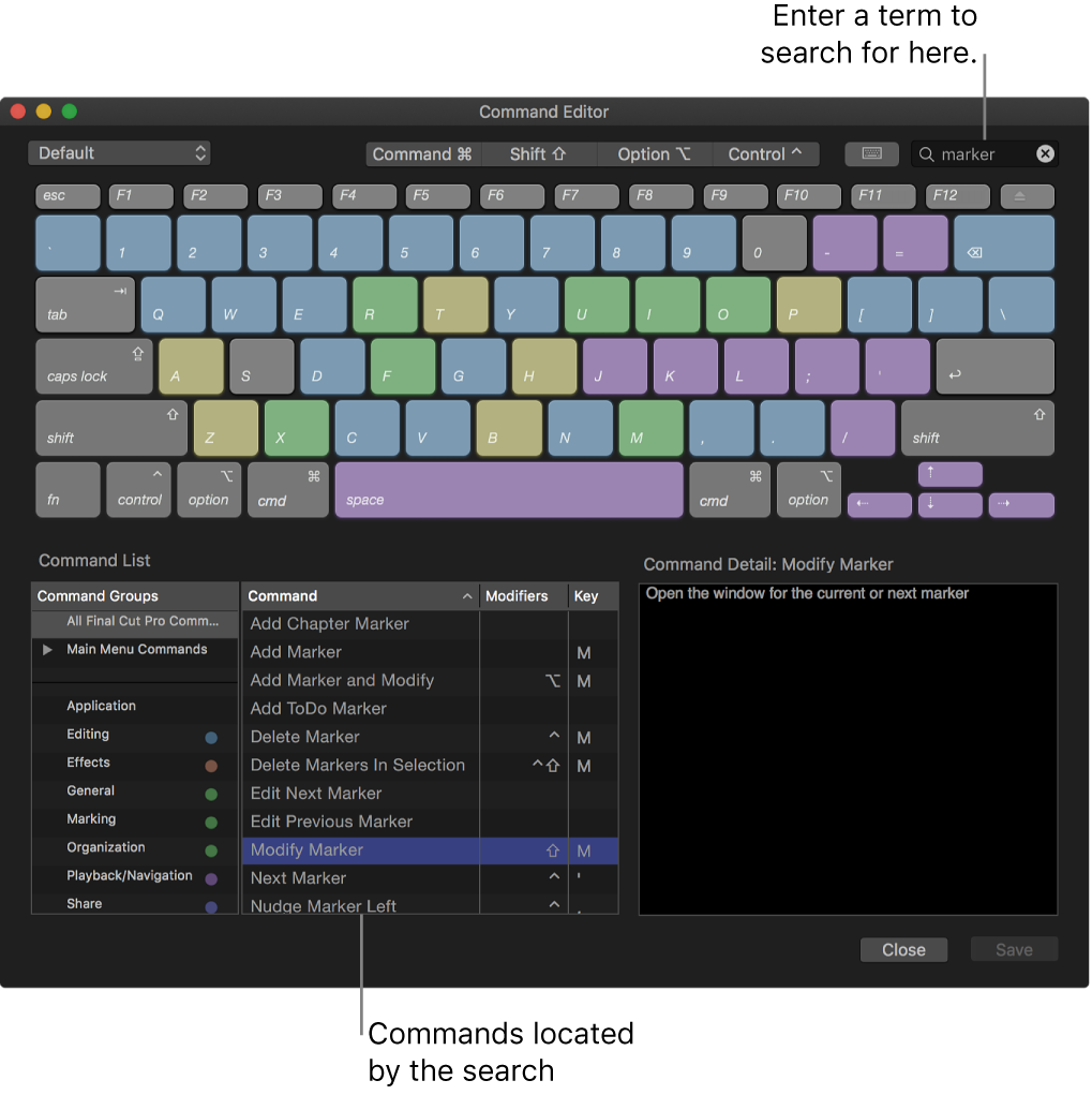 The Command Editor window showing a search term entered in the search field and search results below