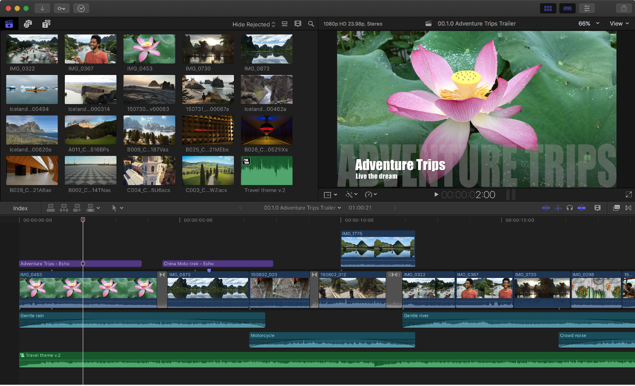 Ventana de Final Cut Pro que muestra el explorador, el visor y la línea de tiempo