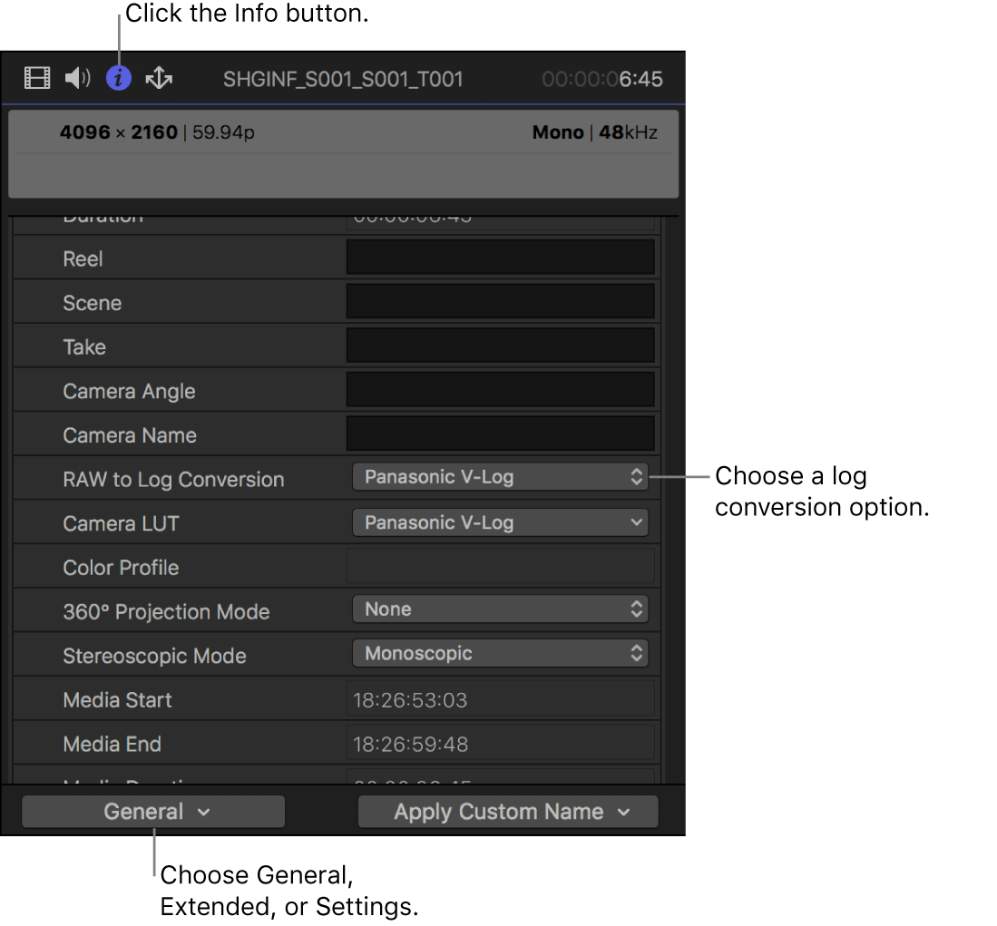 Inspector de información con el ajuste “Conversión de RAW a Log” disponible en la vista de metadatos General