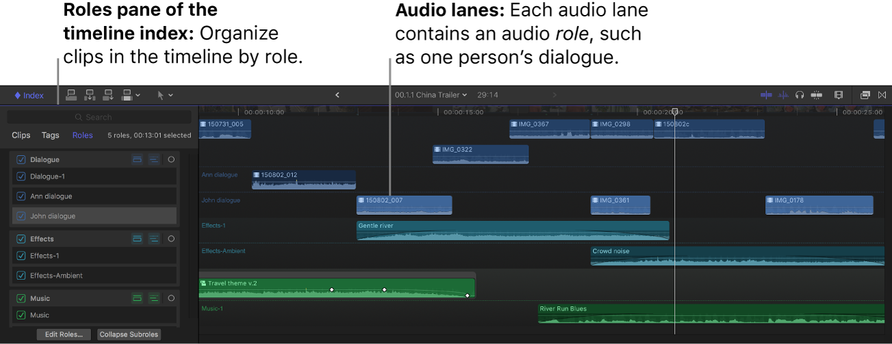 Timeline avec des voies audio et un rôle sélectionné dans l’index de la timeline