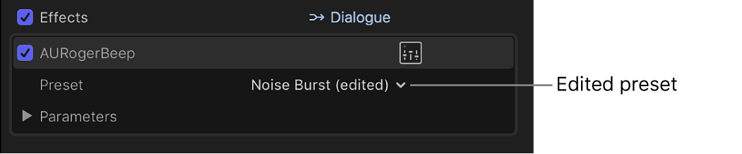 Section Effets de l’inspecteur audio affichant un préréglage d’effet modifié