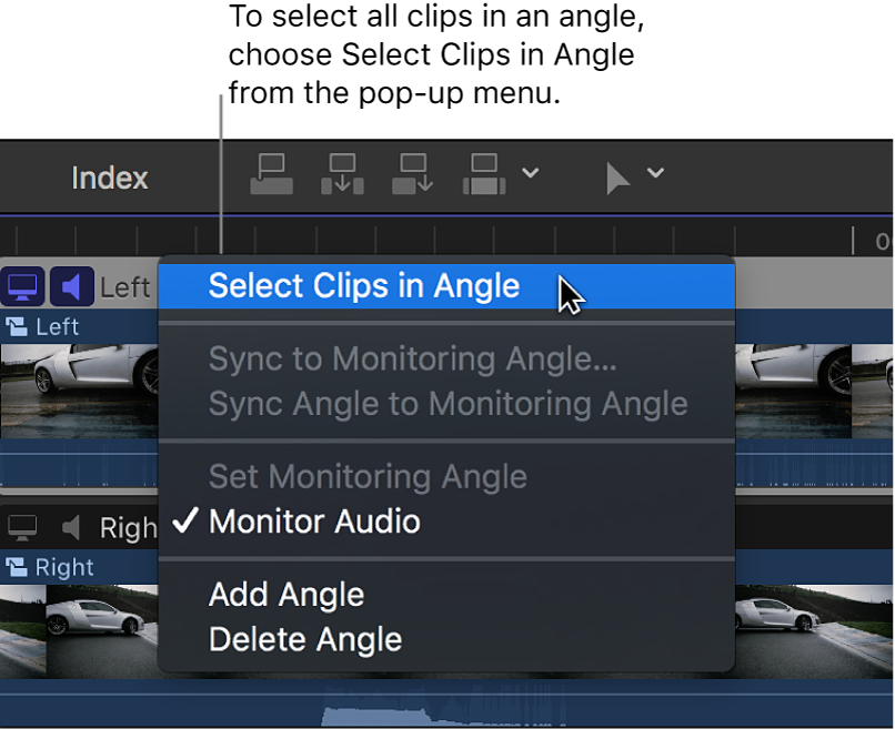 Options du menu local en regard du nom de l’angle dans l’éditeur d’angles