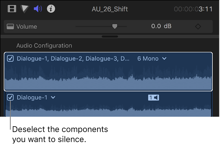 Cases des composants audio dans la section Configuration audio de l’inspecteur audio