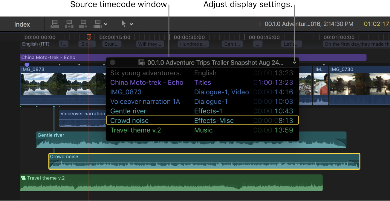 Fenêtre du timecode source s’affichant sur des plans dans la timeline et montrant le timecode source des plans au niveau de la tête de lecture