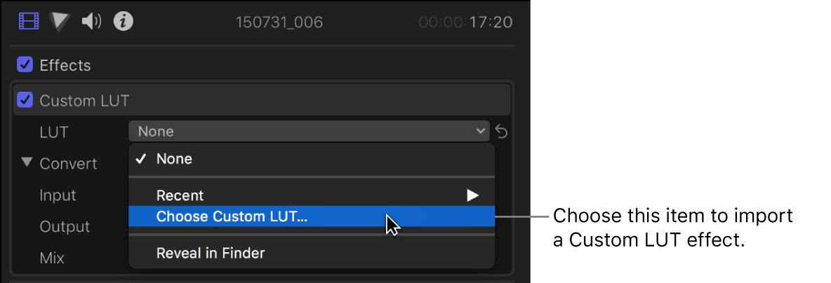 Option « Choisir un LUT personnalisé » choisie dans le menu local LUT dans la section LUT personnalisé de l’inspecteur vidéo