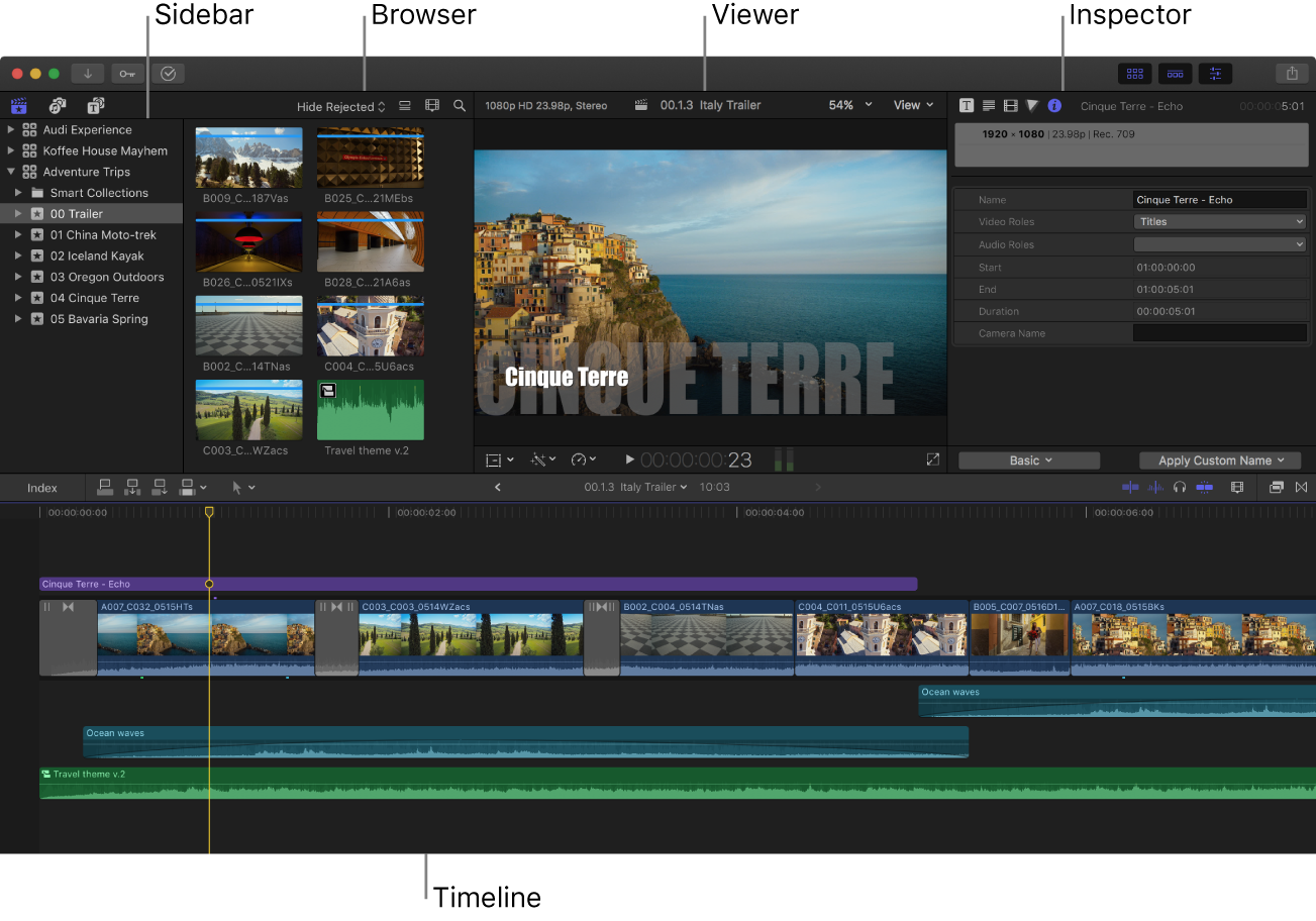 Fenêtre de Final Cut Pro affichant la barre latérale, le navigateur, le visualiseur, l’inspecteur et la timeline