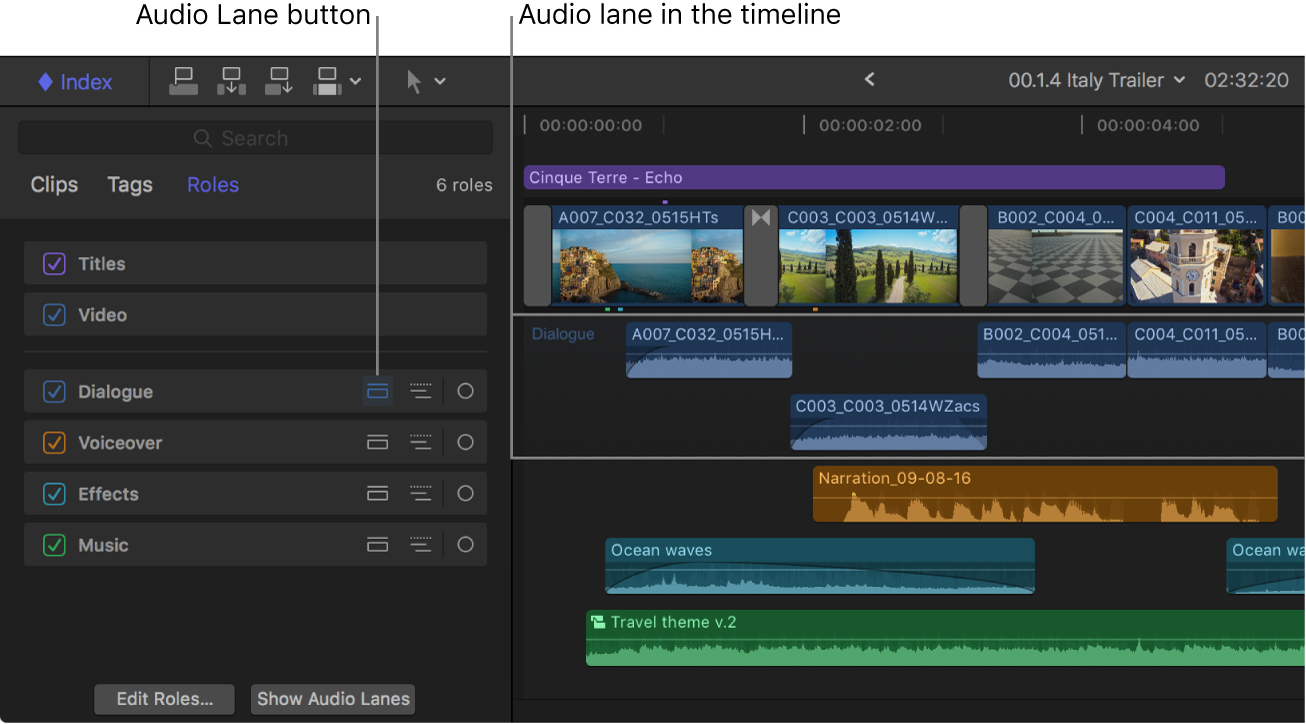 Index de la timeline montrant le bouton File audio pour le rôle Dialogue mis en surbrillance, et timeline montrant une autre file audio pour les plans associés au rôle Dialogue