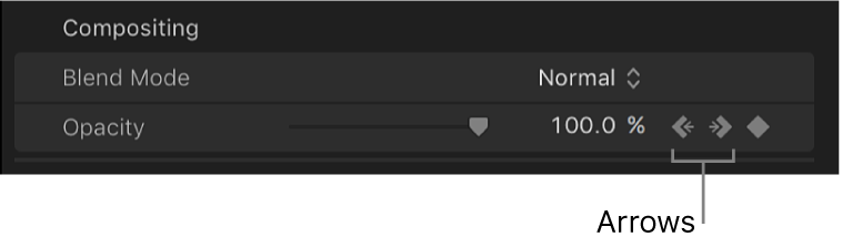 Flèches droite et gauche en regard du bouton Image clé du paramètre Opacité dans l’inspecteur vidéo