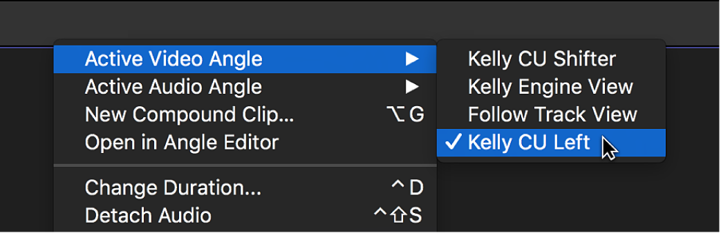 L’angle vidéo actif d’origine à l’aide depuis un menu contextuel dans la timeline