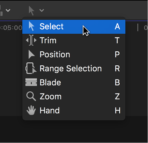 Outil de sélection dans le menu local Outils