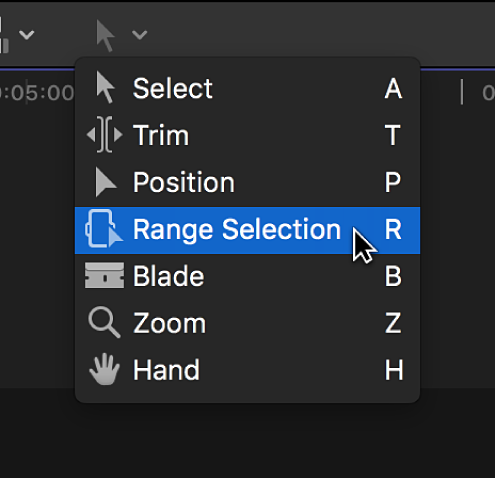 Outil Plage de sélection dans le menu local Outils