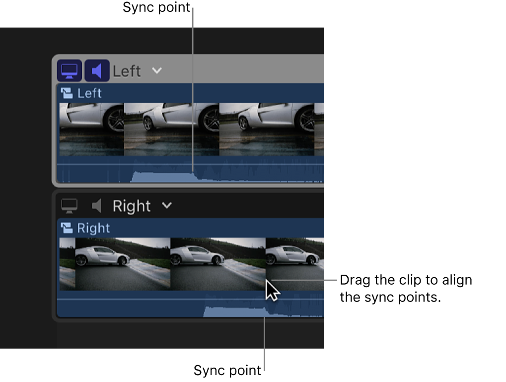 Deux plans dans l’éditeur d’angles : l’un d’entre eux est déplacé de sorte à aligner les points de synchronisation