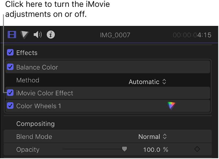 Section Effets de l’inspecteur vidéo avec la case Effets de couleurs iMovie