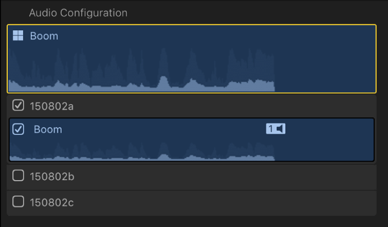 Section Configuration audio de l’inspecteur audio, avec le composant de rôle pour l’angle actif d’un plan multicam