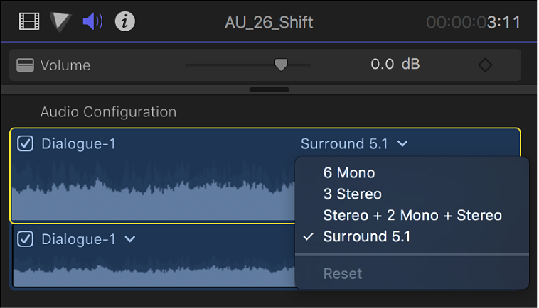 Section Configuration audio de l’inspecteur audio, avec les canaux et les formes d’onde dans le plan sélectionné