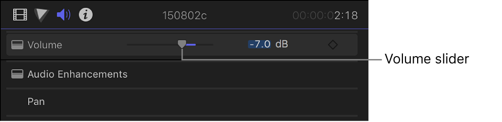 Curseur de volume dans la section Volume et balance de l’inspecteur audio