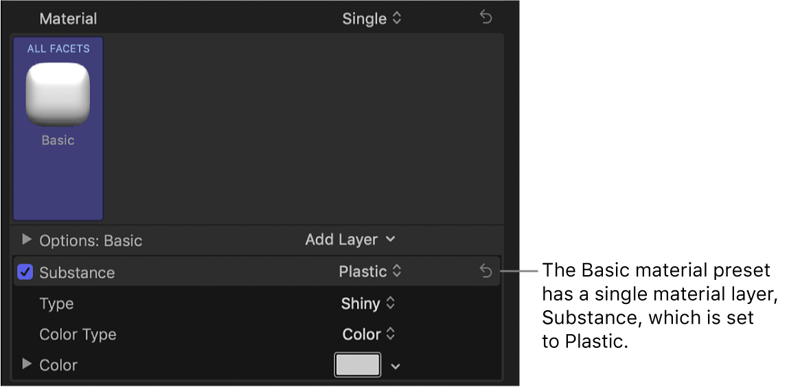 Section Matériau de l’inspecteur de texte affichant le préréglage de matériau Élémentaire avec un seul calque (Substance) réglé sur Plastique