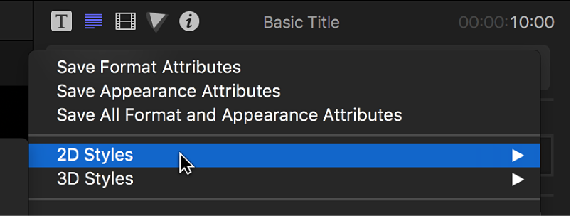 Option de styles 2D choisie dans le menu local situé en haut de l’inspecteur de texte