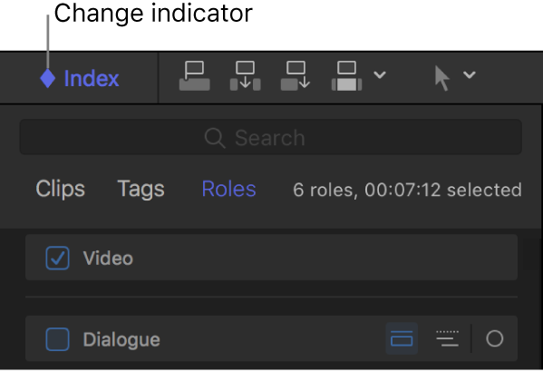 Section supérieure de l’index de la timeline montrant dans le bouton Index l’indicateur de changement en forme de losange