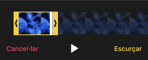 Un clip amb nanses grogues de retallar i els botons Cancel·lar, Reproduir i Retallar a sota.