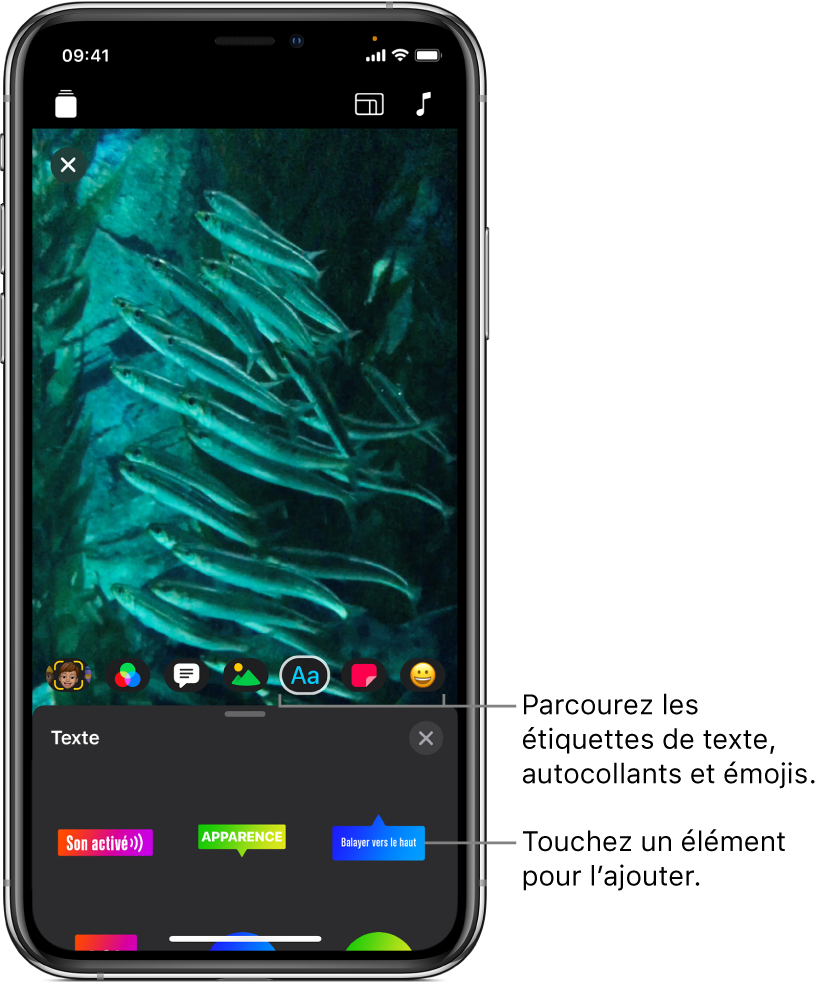 Image d’une vidéo dans le visualiseur, dans laquelle la catégorie Texte est sélectionnée et les options d’étiquettes de texte sont affichées en dessous.
