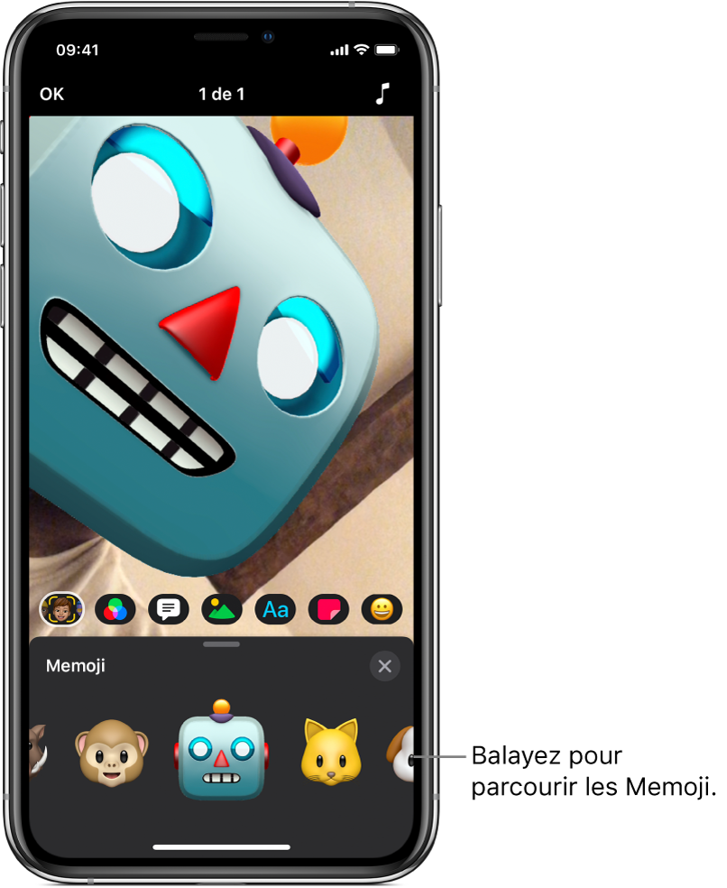 Le Memoji d’un robot dans le visualiseur, dans laquelle la catégorie Memoji est sélectionnée et les personnages sont affichés en dessous.