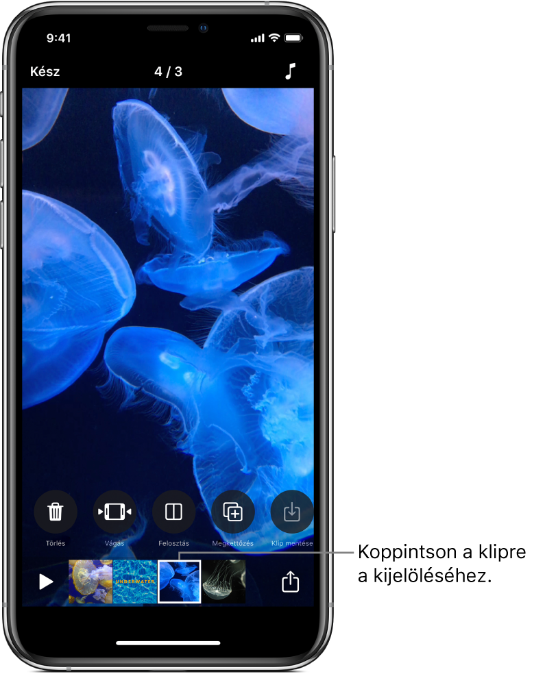 Egy klip kijelölve egy projektben, felette a kijelölt klip törlésére, vágására, felosztására, megkettőzésére vagy mentésére szolgáló gombsorral.