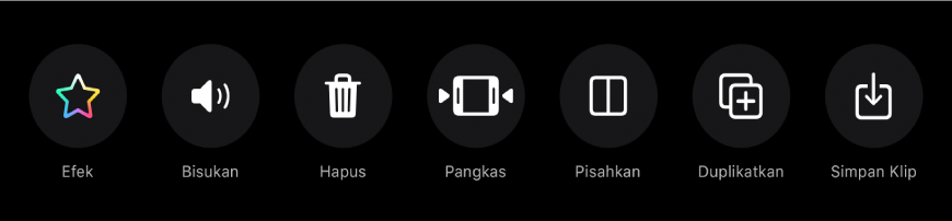 Tombol yang muncul di bawah penampil saat klip dipilih. Dari kiri ke kanan, terdapat tombol Efek, Bisukan, Hapus, Pangkas, Pisah, Duplikatkan, dan Simpan Klip.