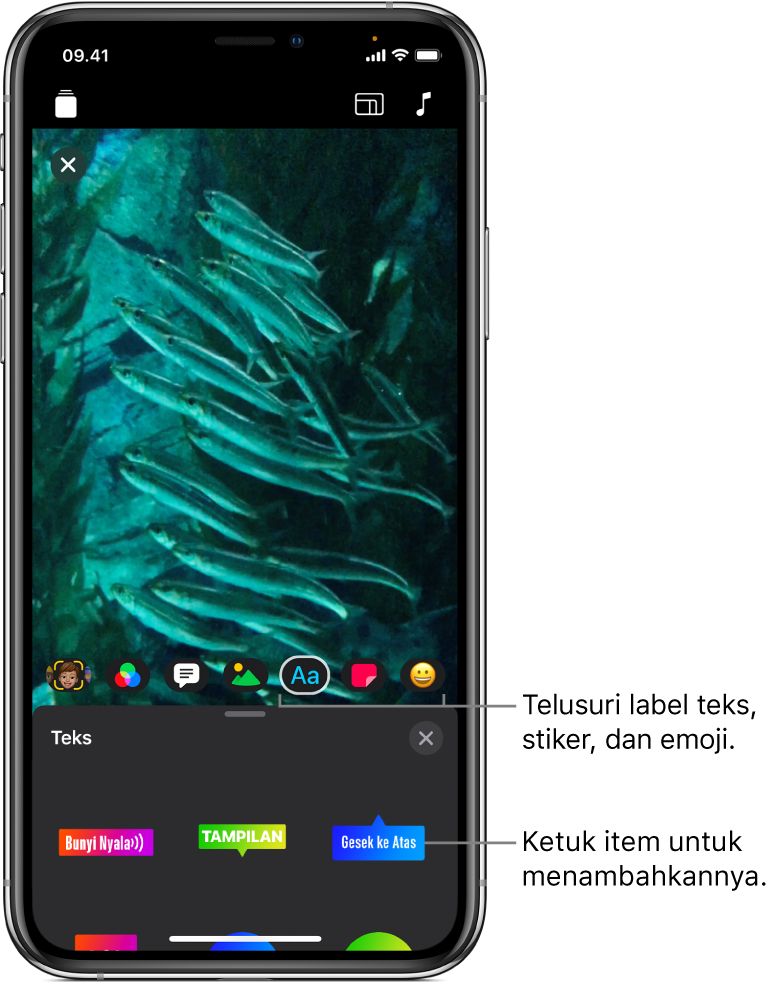 Gambar video di penampil, dengan Teks dipilih dan opsi label teks ditampilkan di bawah.