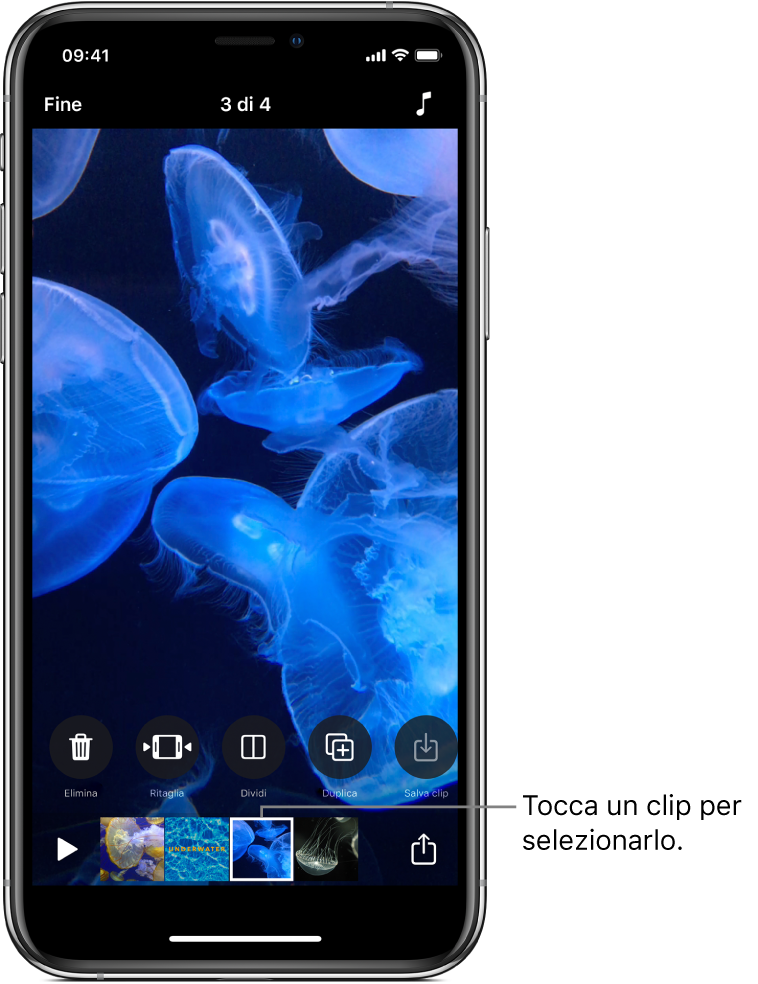 Un clip selezionato in un progetto, con una riga di pulsanti al di sopra per eliminare, tagliare, dividere, duplicare o salvare il clip selezionato.