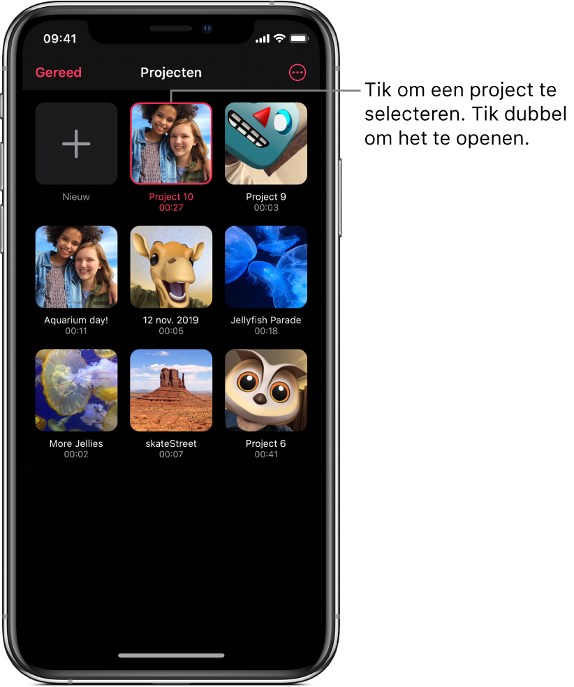 Het scherm 'Projecten' met de knop 'Nieuw' en miniaturen voor bestaande projecten. Rechtsboven staat de knop voor meer opties.